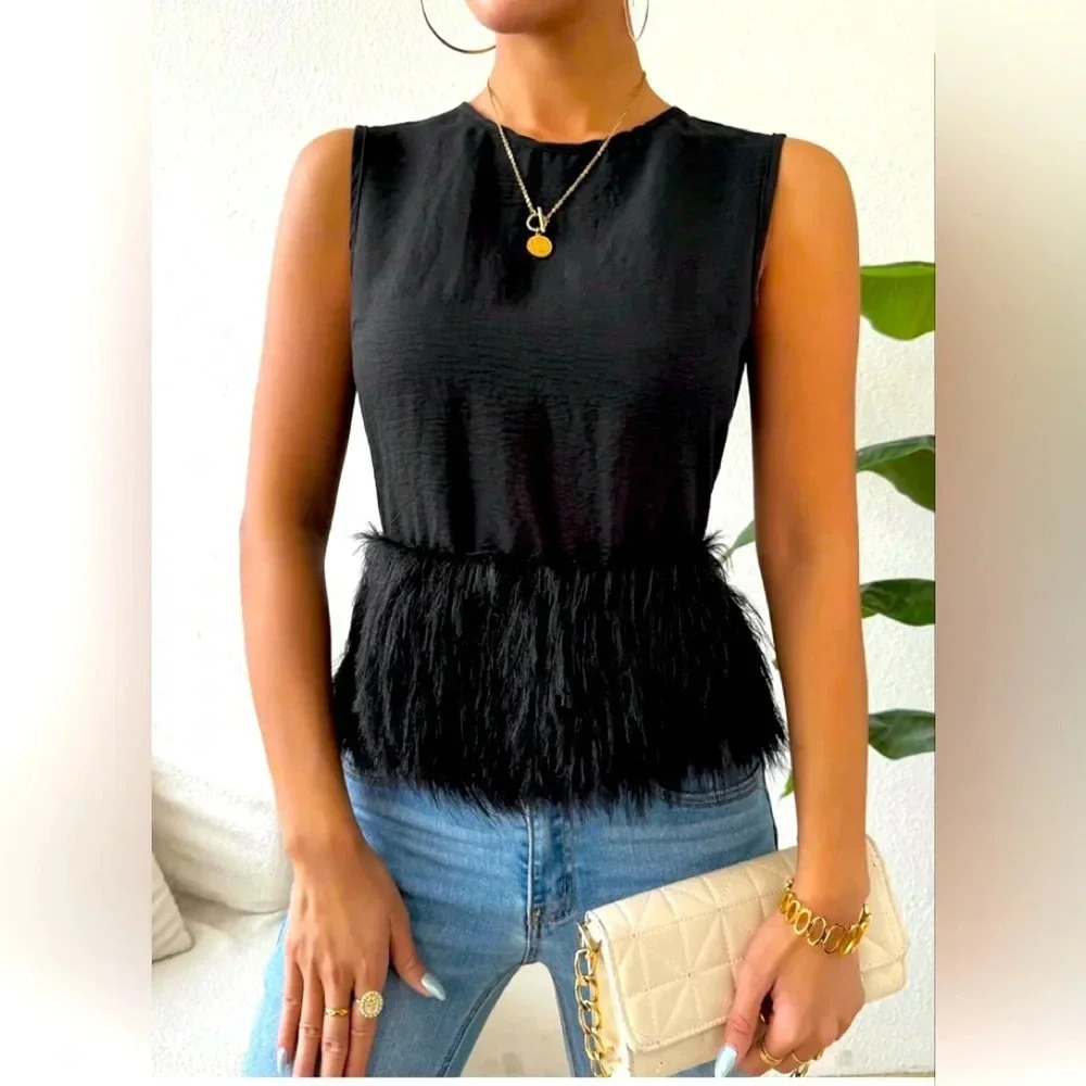 Women's Summer Casual Fuzzy Hem Zip Back Loose Sleeveless Tank Top Shirts size L